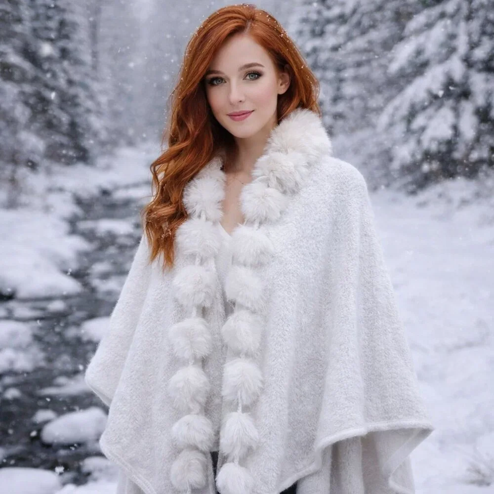 NWT INC International Concepts Women's Faux Fur Trim Topper Wrap Ivory